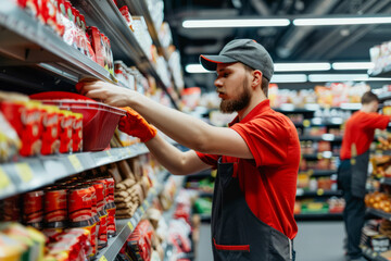 Worker stocking store shelves with fresh products. Generative AI