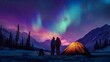 Couple camping in wild with tent and stunning aurora light at night.