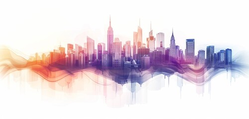 Wall Mural - A city skyline made of blurred images, blending together to form the silhouette of skyscrapers and bridges gradient from light blue at top to warm orange Generative AI