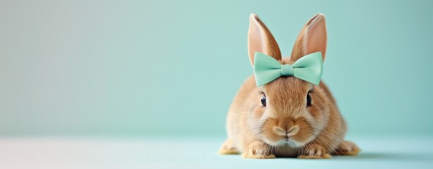 Wall Mural - Rabbit with green bow on blue background, copy space, easter concept.