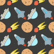 Seamless space background hand-drawn. A repeating pattern of cartoon space elements