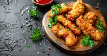 Chicken Strips With Tomato Sauce And Fresh Parsley On Rustic Background
