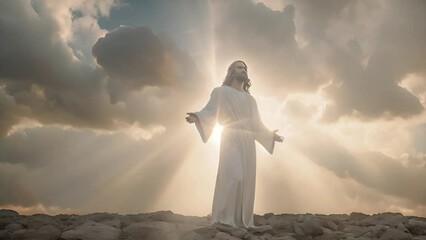 Canvas Print - The resurrected Jesus Christ ascending to heaven above the bright light sky and clouds and God, Heaven and Second Coming concept Heaven and cross, Faith and salvation of Jesus Christ 4k video