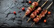 Raw Kebab Skewers Laid Out on Stone Board Against Black Rustic Backdrop