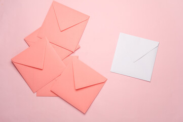 Sticker - Square paper pink and white envelopes on pink background