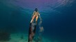 Young fit woman swims underwater on a breath hold. Sexy woman freediver swims underwater
