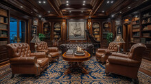 Inside The Opulent Clubhouse Of An Exclusive Yacht Club, Members Relax In Plush Leather Armchairs And Admire The Nautical-themed Decor, With Model Ships And Vintage Sailing Memorab