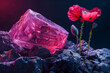 Vibrant red poppy flowers contrast against a luminous pink crystal and rocky terrain, signifying life