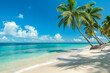 Pristine sandy beach with swaying palm trees and the calm blue ocean under a clear sky, epitomizing a peaceful tropical escape.