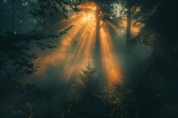 Canvas Print - The mysterious and enchanting atmosphere of a misty forest at dawn, with rays of sunlight piercing through the trees.