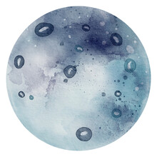 Blue Planet Watercolor Illustration. Hand Drawn Sketch Of Cosmic Object In A Space With In Pastel Dark And Light Colors. Painting With Full Moon For Baby Design On Isolated Background.