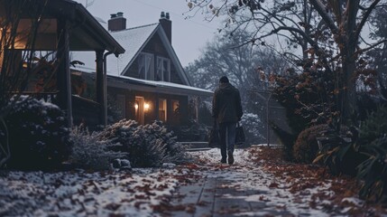 Sticker - A man walks down a snow-covered path in front of a house