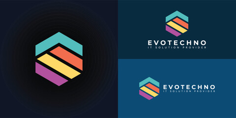 abstract initial letter ET or TE logo in a hexagon shape in blue, orange, yellow, and violet color isolated on multiple background colors. The logo is suitable for IT provider solution logo design
