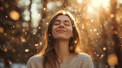 Wall Mural - A smiling female enjoy outdoors in spring field with plant flower grass in allergy season