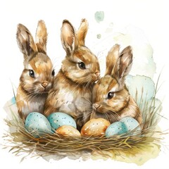 Wall Mural - Three rabbits are sitting in a nest with eggs