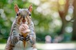 Photo of an adorable squirrel holding an ice cream cone, humorously humanized and set against a blurred natural background 
Concept: whimsy, nature, humor, summer