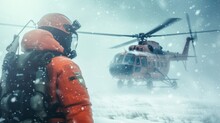 Rescue Personnel In Wild Field In Rescue Mission With Helicopter In Snow Mountain