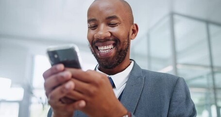 Wall Mural - Phone news, office or businessman with smile in workplace for social media or chat notification. Smile, email or happy African worker in workplace texting, networking or typing online on mobile app