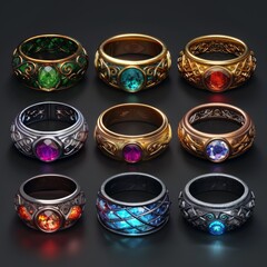 Poster - Set of multicolor gold and silver rings and bracelets with gems, precious stones.  Isolated icons for games.