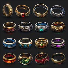 Poster - Set of multicolor gold and silver rings and bracelets with gems, precious stones.  Isolated icons for games.