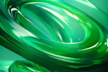 Abstract geometric green background with glass spiral tubes, flow clear fluid with dispersion and refraction effect, crystal composition of flexible twisted pipes, modern 3d wallpaper, design element