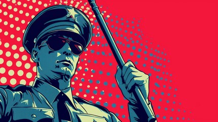 Sticker - Vector illustration of police officer with baton stick in hand. Comic book.