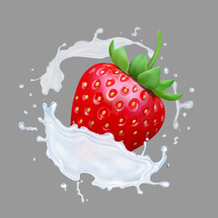 Wall Mural - Strawberry in realistic milk splash. 3d vector.