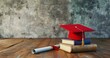 Graduation Concept with Red Mortarboard, Books, and Diploma Against Wooden Background