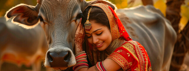 woman with an Indian cow. selective focus.