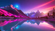 Paesaggio iperrealistico vibrante e dettagliato che raffigura montagne e laghi , colori al neon, , cielo crepuscolare stravagante.