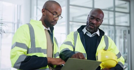 Poster - Construction, discussion and colleagues with laptop, planning and brainstorming with collaboration. Engineer, men and employees with technology in warehouse, workplace and working with teamwork
