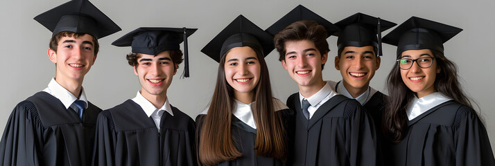 Wall Mural - five graduated caucasian students in academic dress smiling inside the camera