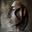 A sculpture of a face made of wood and metal