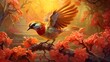 Illustrate the dynamic movement of birds as they chirp joyfully in a beautifully lit garden setting