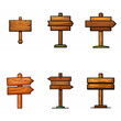 © Ilya - Wooden signboard set. Medieval vintage wood sign board on pole Road direction signpost collection. Rustic pointer Old blank information placard Wooden empty billboard, signboard panel. Cartoon vector.