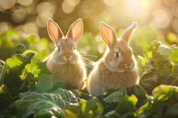 Two rabbits are sitting in a field of green plants