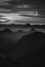 Mysterious Rabbit Shadow Over Chocolate Hills Under A Thin Crescent Moon