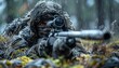 Ghillie-clad Special Forces sniper camouflaged on ground with rifle