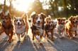 Diverse pack of dogs strolling through urban streets under bright skies
