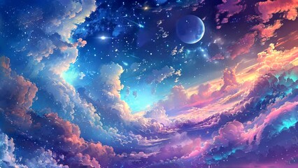 Wall Mural - Nighttime Splendor: Breathtaking Scenes of a Beautiful Starlit Sky with Moon. Seamless looping time-lapse virtual 4k video animation background