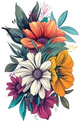 Wall Mural - floral arrangement, tshirt graphic, vector, white background, variety of flowers, variety of colours, 