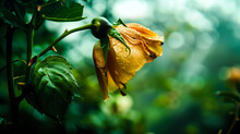 A Yellow Rose Bud With Dew On Its Petals And Green Leaves Against A Blurred Background. The Nature Photography