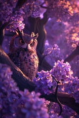 Illustrate a cartoon of a old owl, with adorable big eyes, near a large and majestic tree in a tropical forest, 