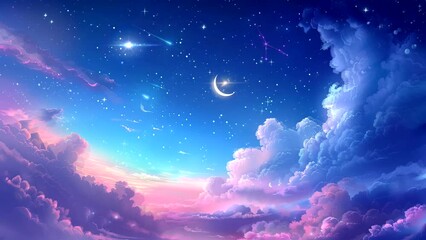 Wall Mural - Lunar Glow: Enchanting Views of the Moon and Stars in the Night Sky. Seamless looping time-lapse virtual 4k video animation background