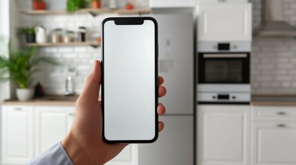 a person holding a phone in front of a refrigerator door