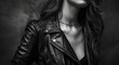 Mysterious Woman in Black Leather, Black and white portrait of an unrecognizable woman clad in a stylish black leather jacket, exuding an air of mystery and confidence