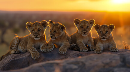 5 beautiful lion cubs sitting on a rock at sunset in  d95f9c7a-6ae5-4c80-b9cf-d89bfe11cdbf 0