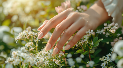 Wall Mural - beautiful nails art manicure on beautiful hands on the flowers 