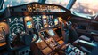 Airliner Cockpit View, Detailed view of an airplane's cockpit during flight with illuminated control panels and instruments