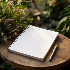 Poster - notebook and pen on wooden table